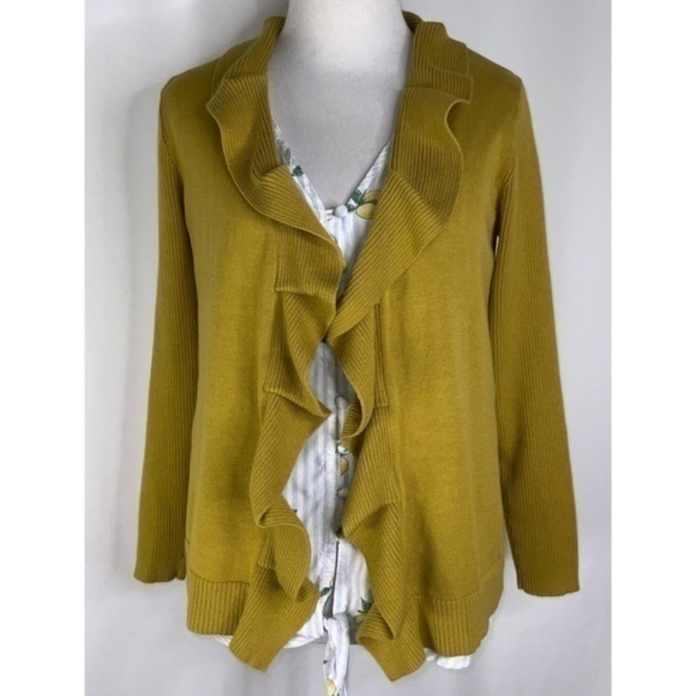 Evan Picone Black Label Brown Mustard Yellow Open Ruffle Sweater Cardigan PM